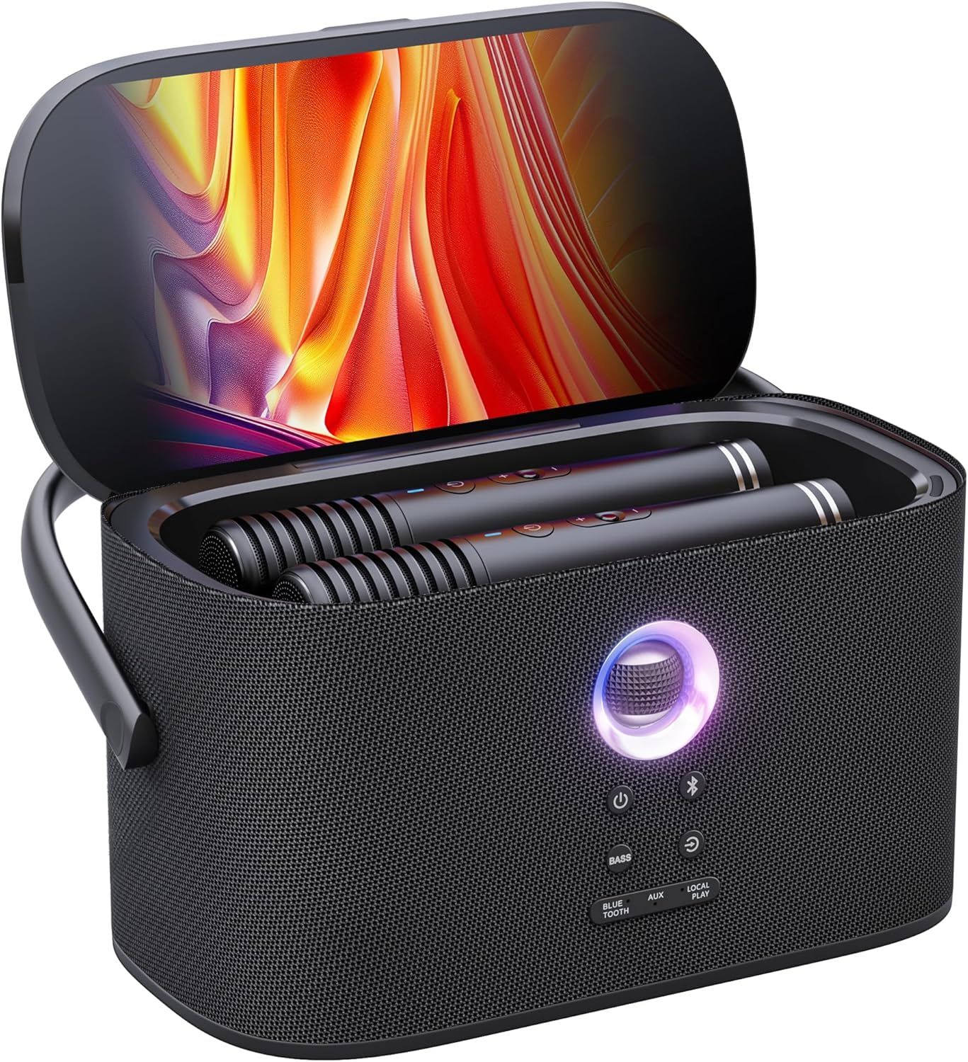 Shows the buyer exactly what is included in the purchase: the speaker case with two wireless microphones stored inside, demonstrating the complete karaoke…
