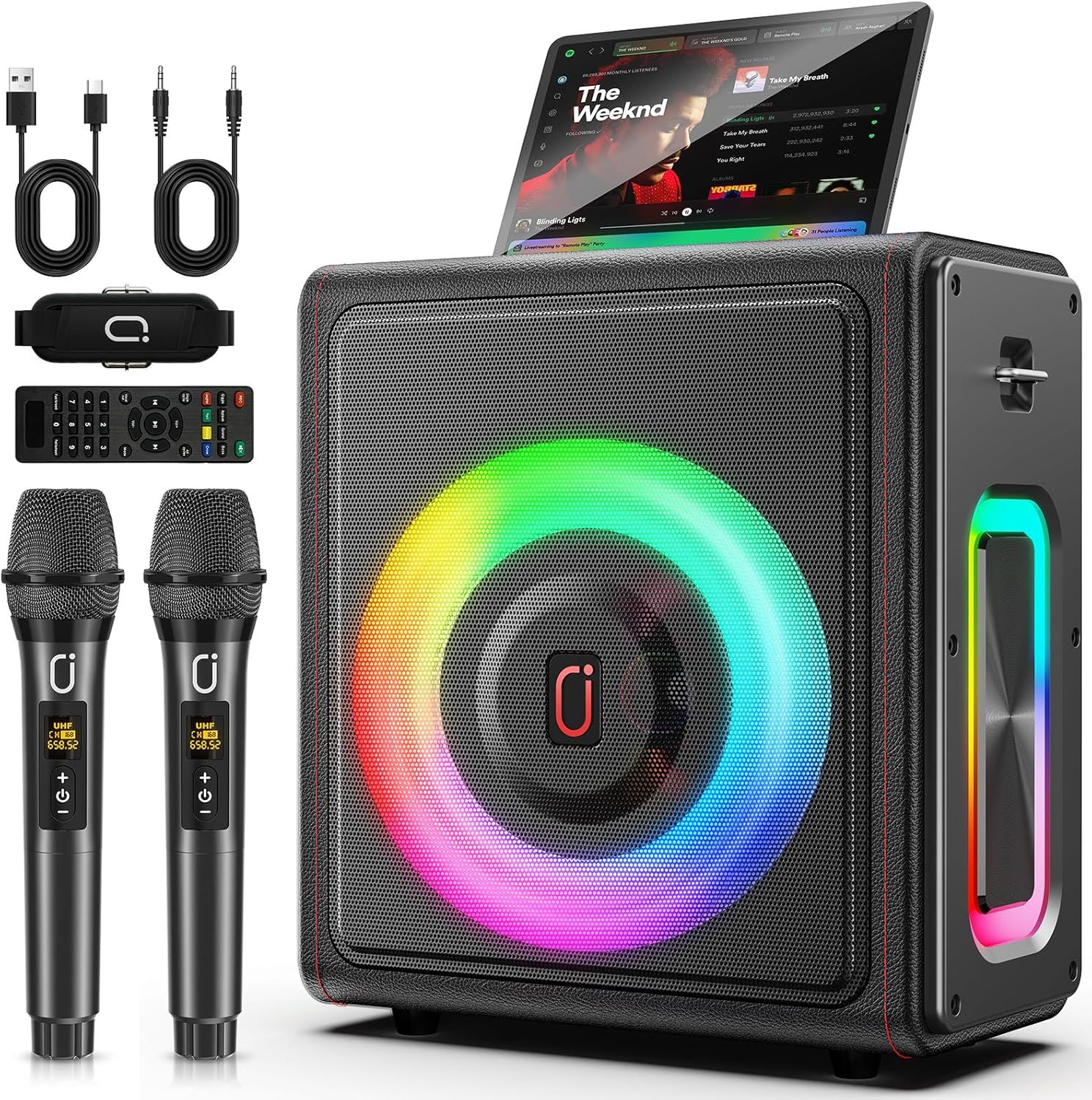 Shows buyers exactly what they will receive in the box, including the speaker, two wireless microphones, remote control, cables, and tablet holder.