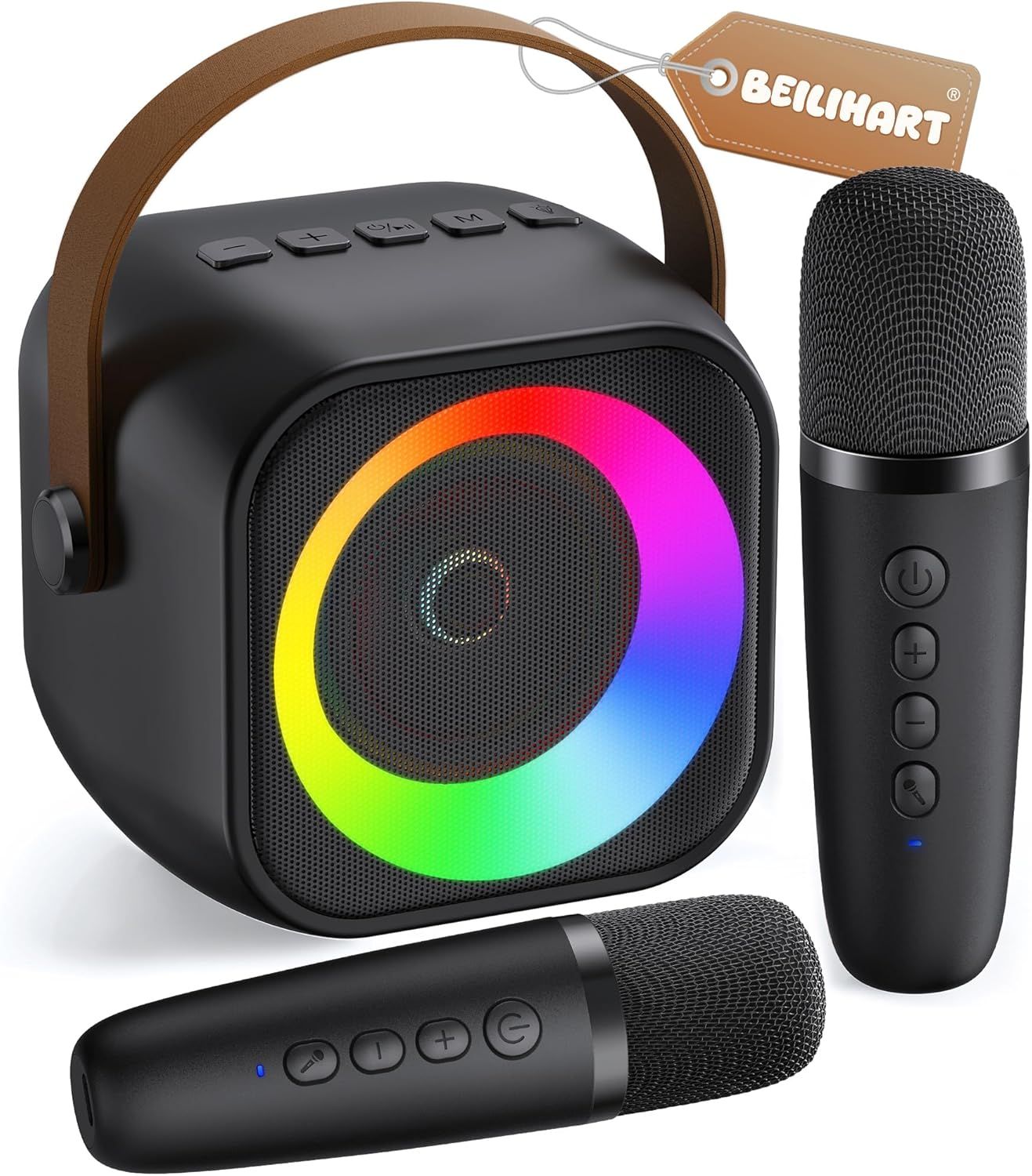 Shows buyers exactly what they will receive: a portable speaker with LED lights, two wireless microphones, and a carrying handle, demonstrating the complete…