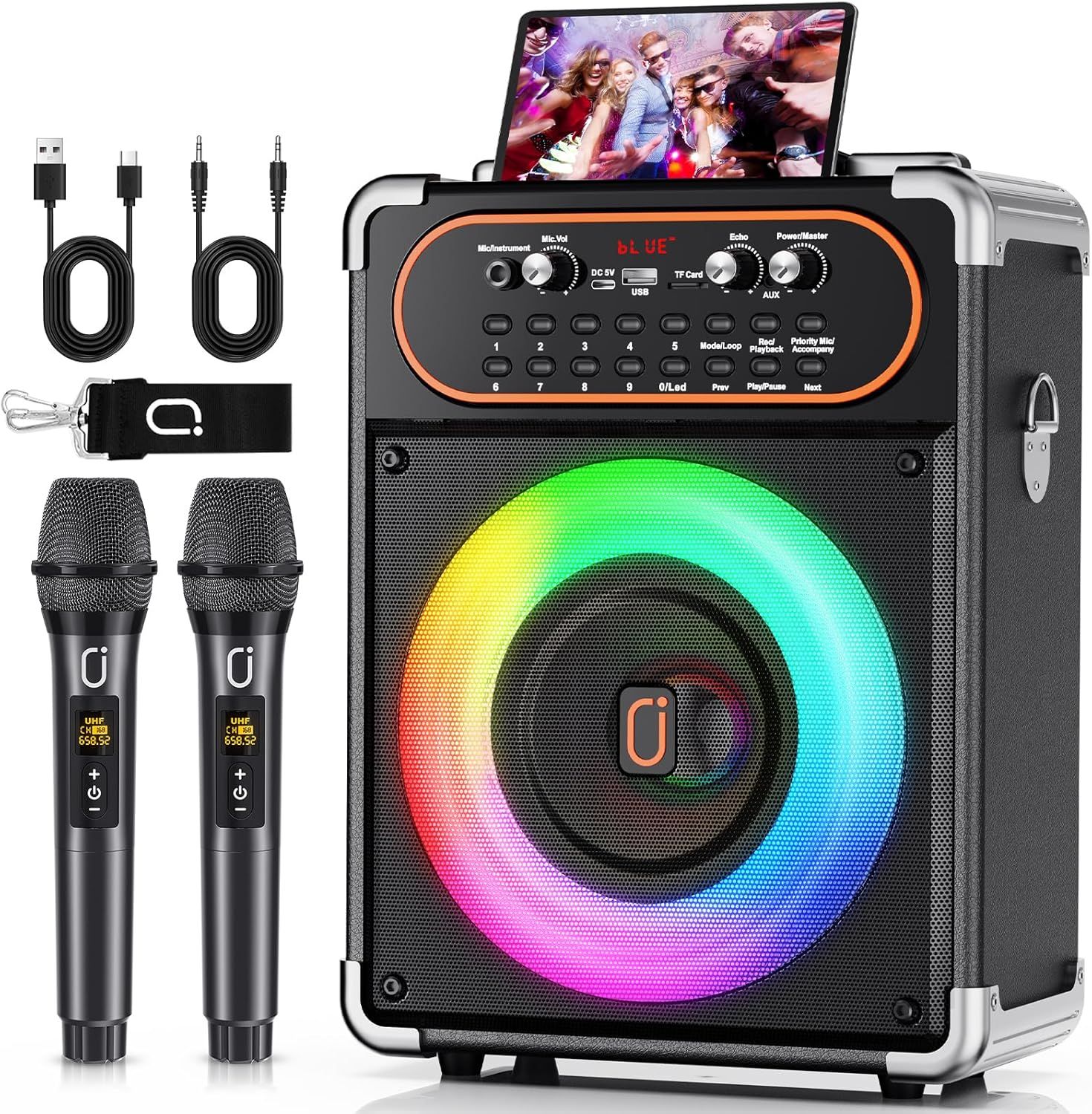 Shows buyers exactly what they will receive in the box, including the main speaker unit, two wireless microphones, connecting cables, and remote control to…