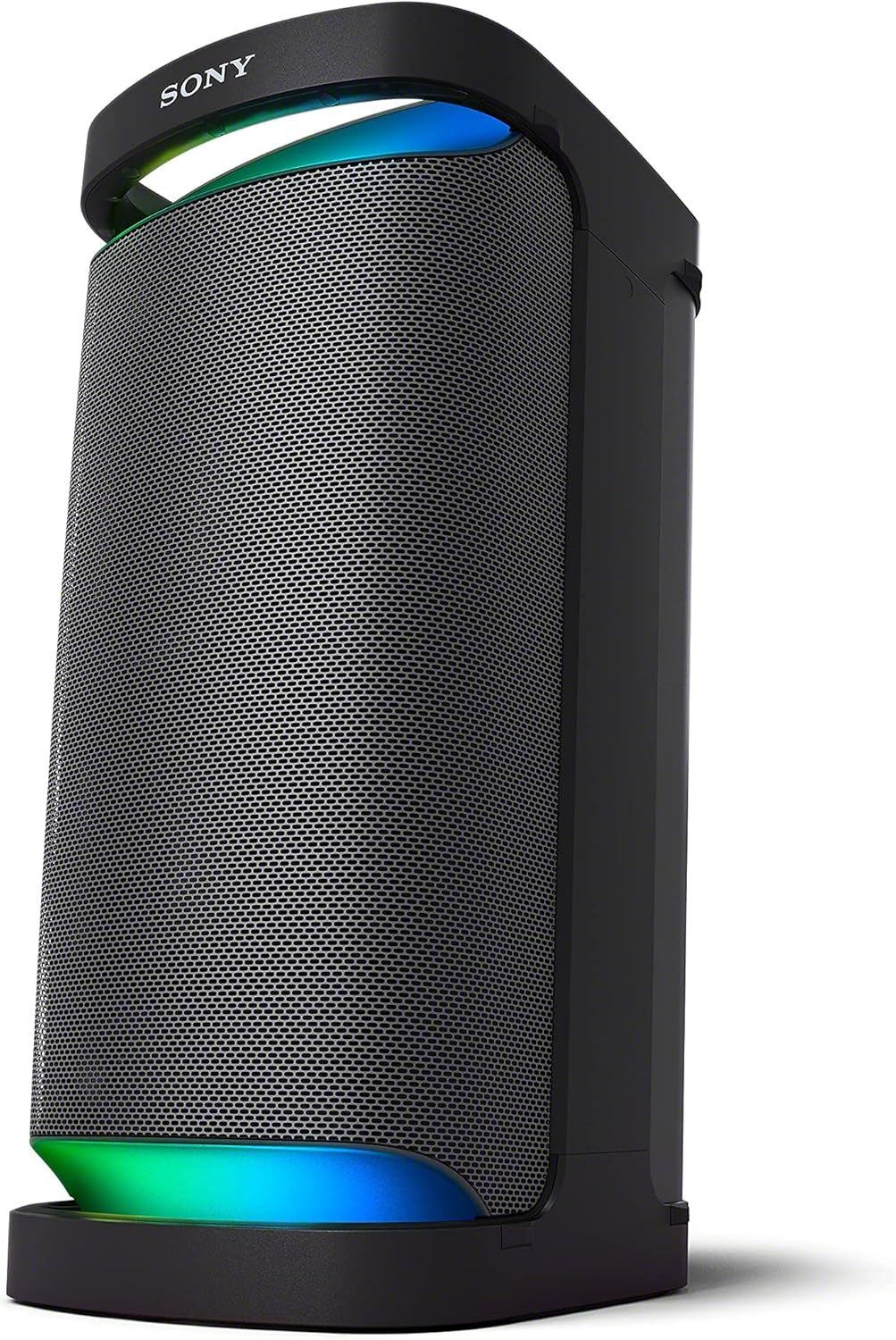 Displays the Sony portable speaker clearly on a white background to show its cylindrical design, mesh grille, LED lighting feature, and handle for easy…