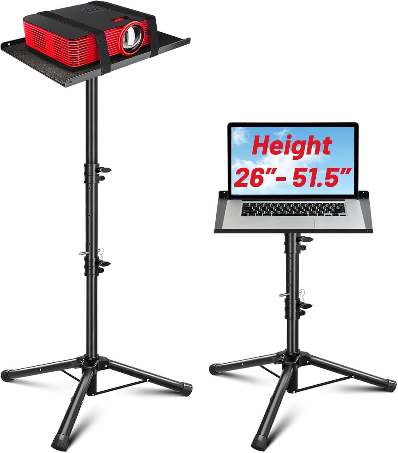 Shows the core product clearly with two usage configurations to demonstrate its adjustable height feature and versatility for holding both projectors and…