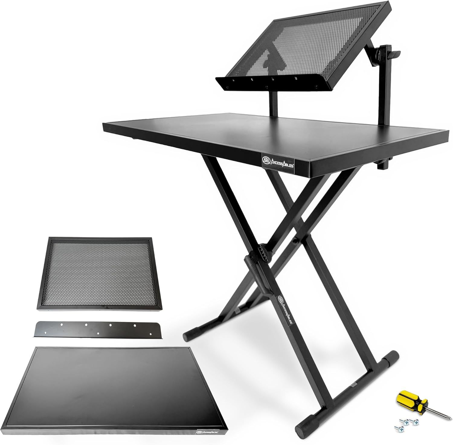 Shows buyers exactly what they will receive in the purchase, including the adjustable stand, multiple surface options, mounting hardware, and assembly tools.
