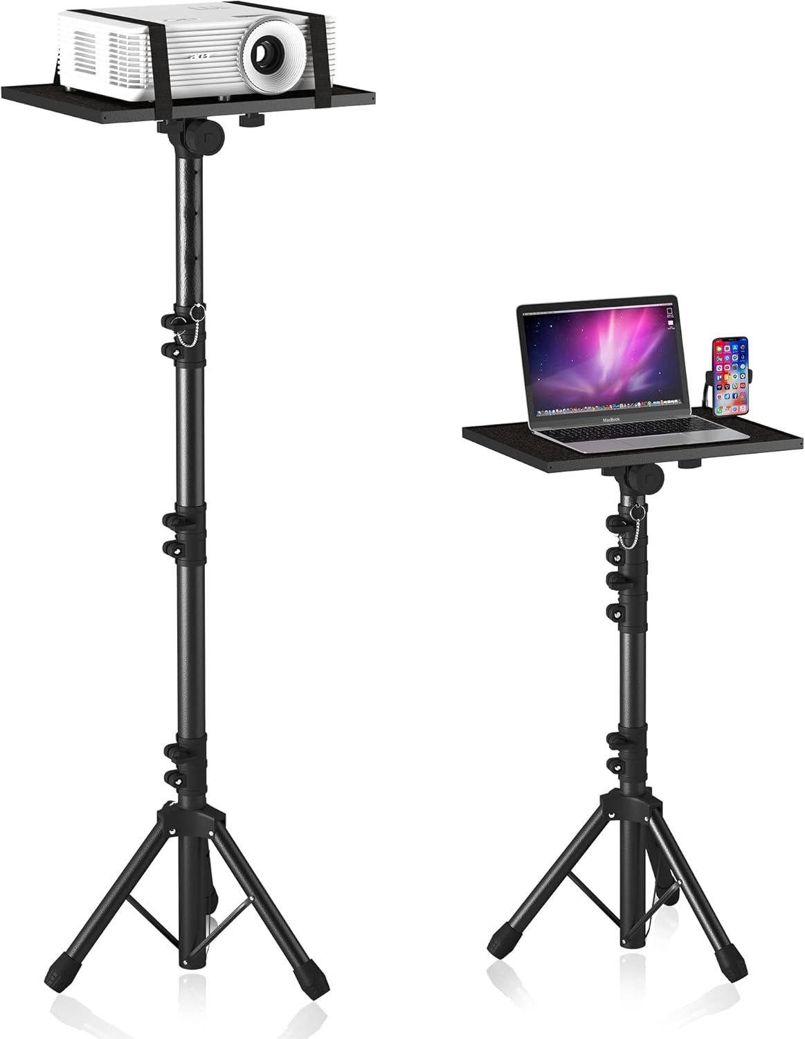 Shows the core product clearly on a white background, displaying two adjustable tripod stands with trays that can hold a projector or laptop, demonstrating…