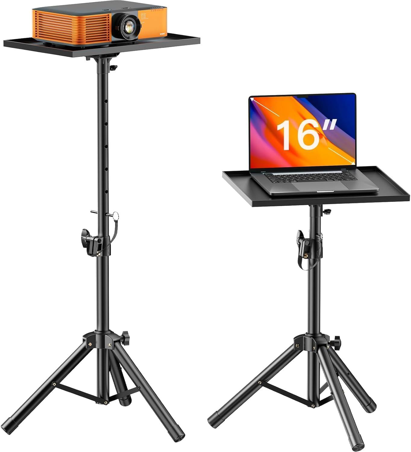 Shows the complete product setup with two adjustable tripod stands designed to hold a projector and laptop, demonstrating the versatility and functionality of…