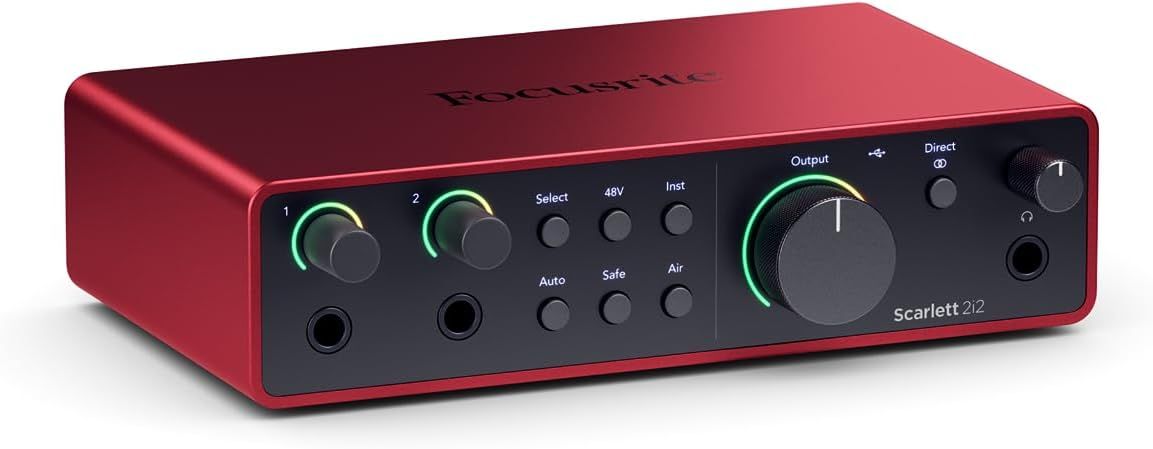 Displays the Focusrite Scarlett 2i2 audio interface clearly on a white background to help shoppers identify the product and its professional design with…