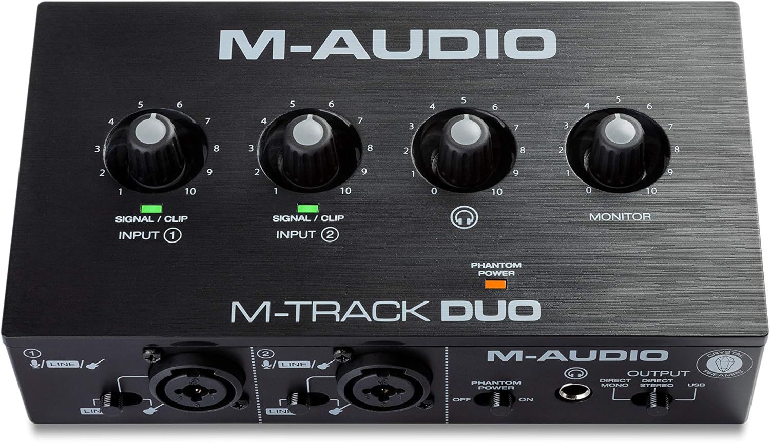 Shows the M-Audio M-Track Duo audio interface clearly on a white background to help shoppers identify the product and its key features including dual inputs,…