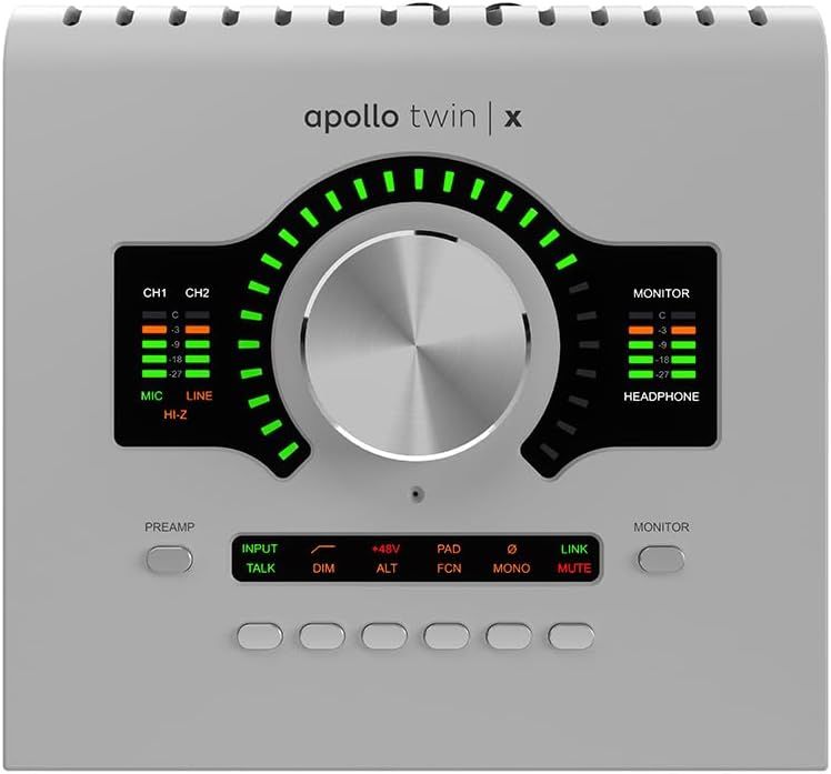Displays the Apollo Twin X audio interface clearly on a white background to help shoppers identify the core product and its professional design features.