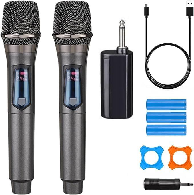 Shows buyers exactly what they will receive in the purchase, including two wireless microphones, receiver, charging cable, batteries, and additional accessories.