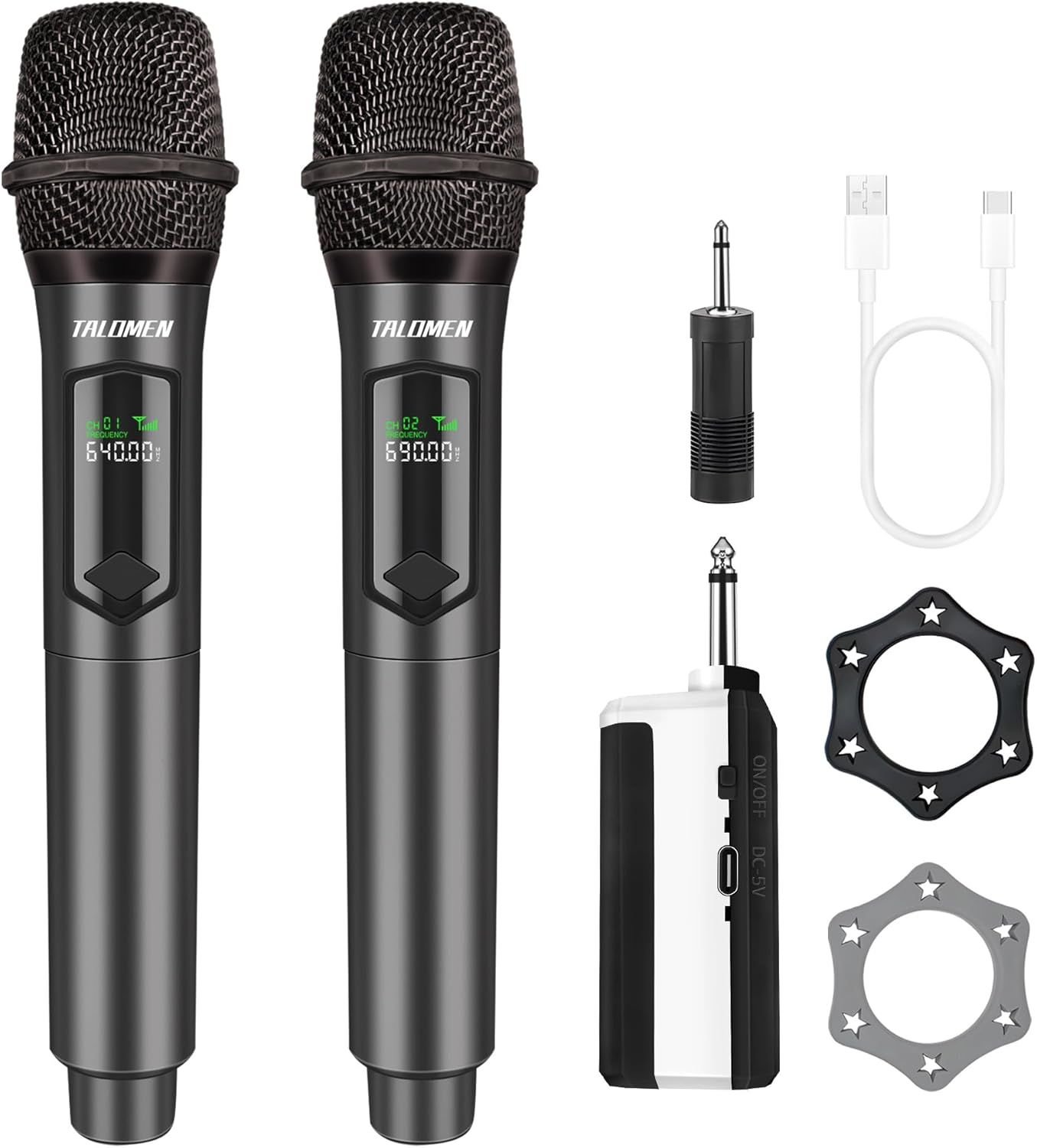 Shows buyers exactly what they will receive in the box, including two wireless microphones, receiver, cables, adapters, and decorative accessories.