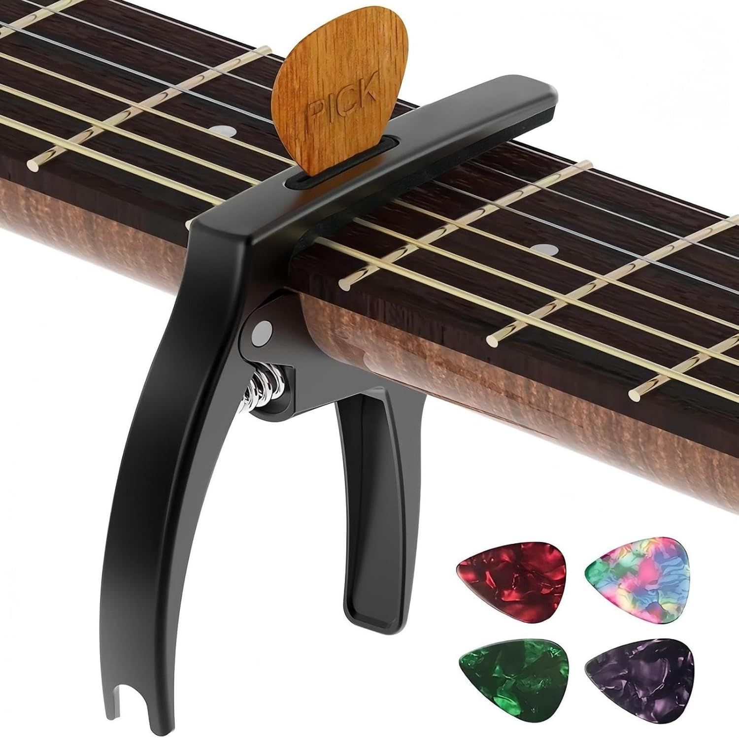 Shows the guitar capo along with all included items such as the wooden pick holder and four colorful guitar picks to demonstrate the complete value of the…