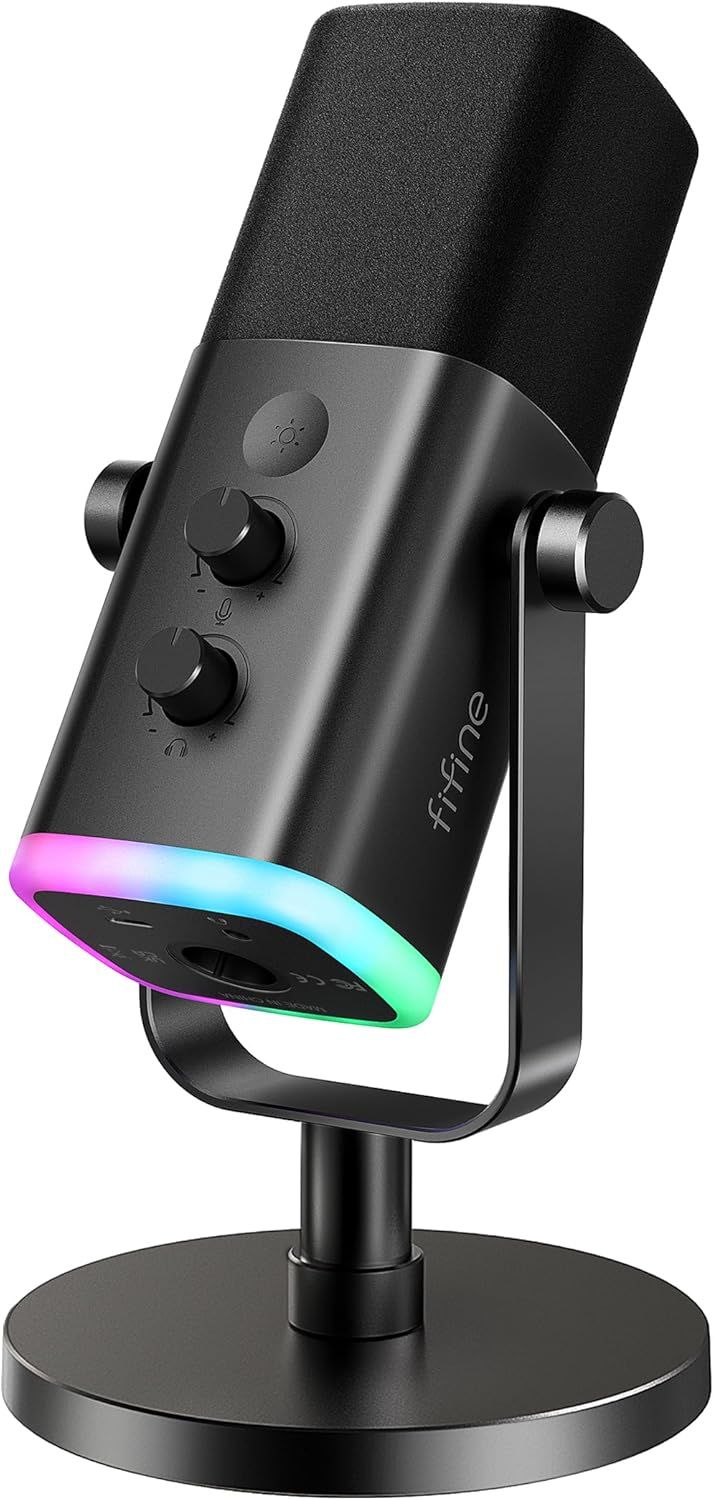 Displays the core product clearly on a white background to help shoppers quickly identify the microphone and its key features including RGB lighting and control knobs.