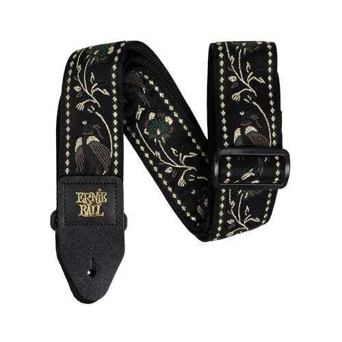 Displays the guitar strap clearly against a white background to show the embroidered floral pattern and Ernie Ball branding, helping shoppers identify the product and its aesthetic appeal.