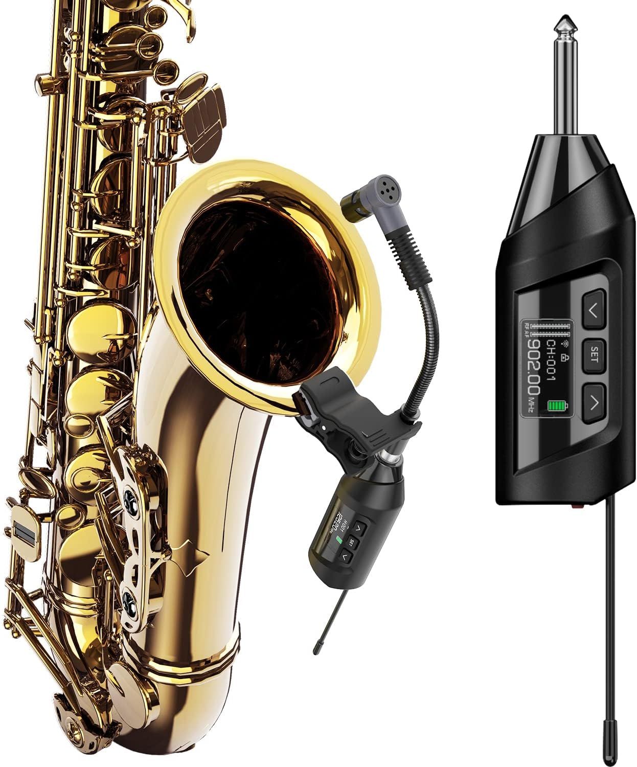 Shows the buyer exactly what is included in the purchase: the saxophone microphone system with transmitter, receiver, and all necessary components for wireless audio capture.