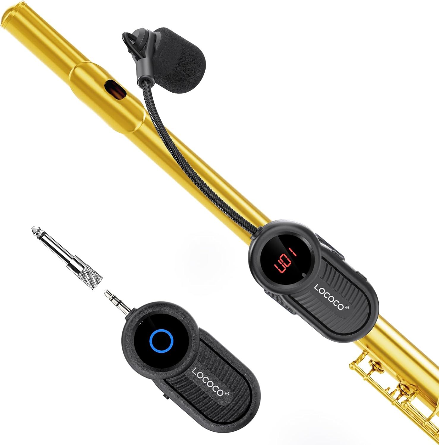 Shows all included components in the purchase: the wireless microphone system with transmitter, receiver, lavalier mic, and audio cables, helping buyers understand exactly what they will receive.