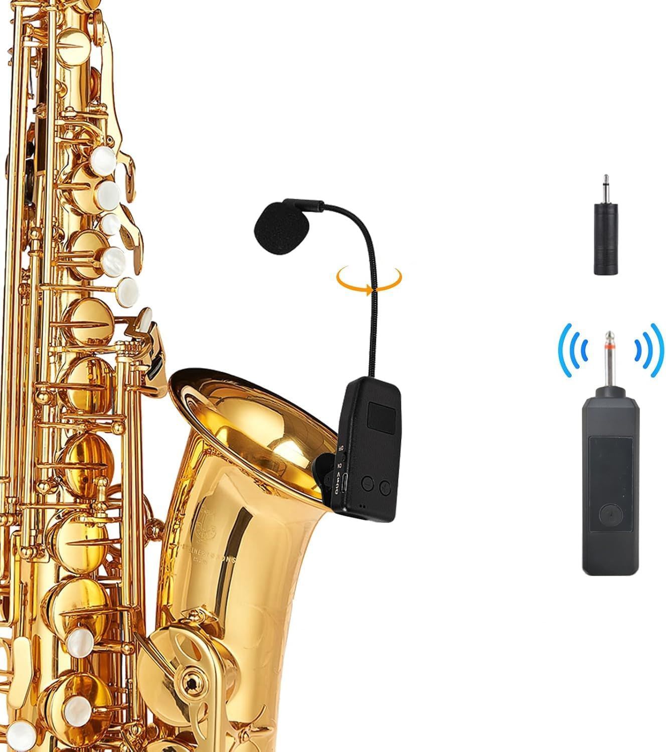 Shows all components included with the saxophone microphone system, including the clip-on mic, wireless transmitter, receiver, and adapter, so buyers know exactly what they will receive.