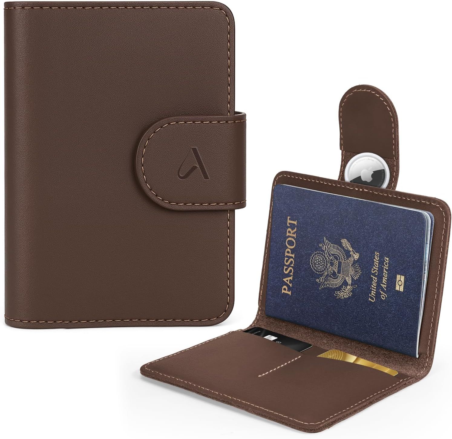 Shows all the functional components and storage features of the wallet to demonstrate what the buyer receives and how it organizes travel essentials like passport, cards, and AirTag.