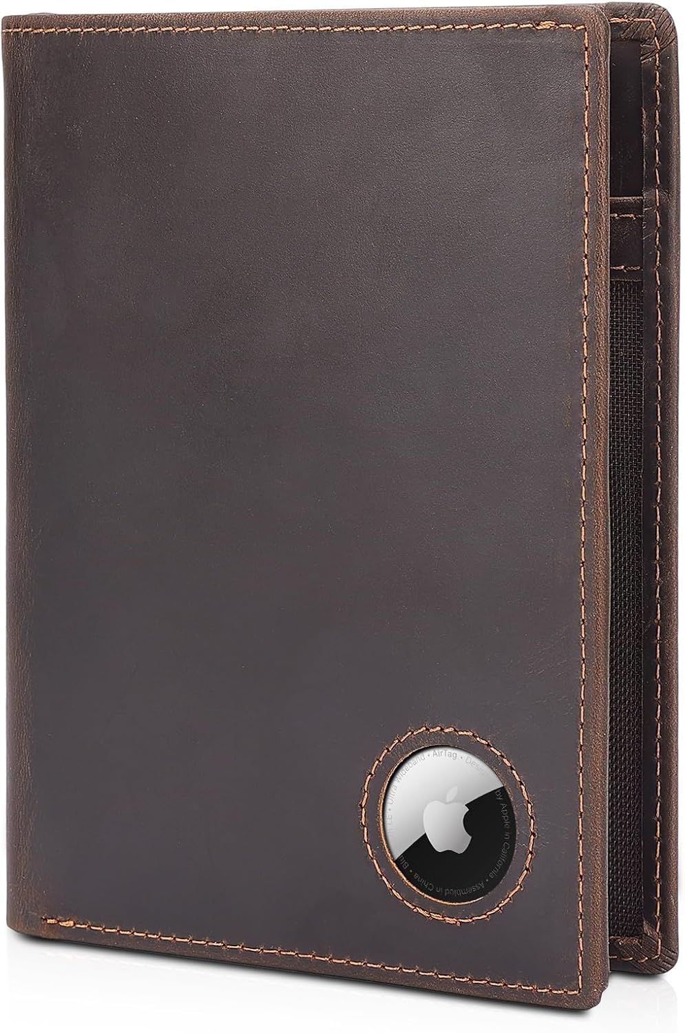 Shows the core product clearly on a white background to help shoppers identify the leather wallet with integrated AirTag holder for tracking purposes.