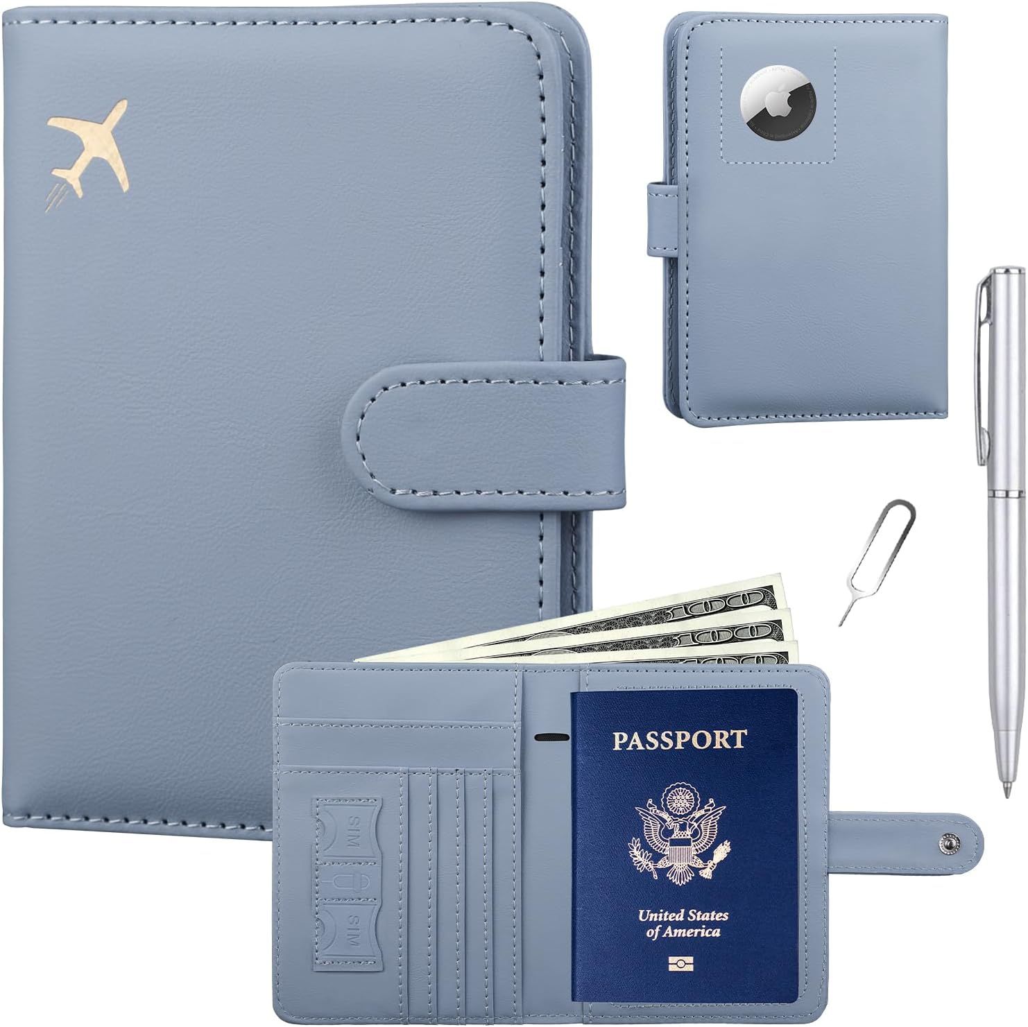 Shows buyers exactly what they will receive in the purchase, including the passport holder, AirTag case, pen, and additional accessories, demonstrating the complete value of the travel set.