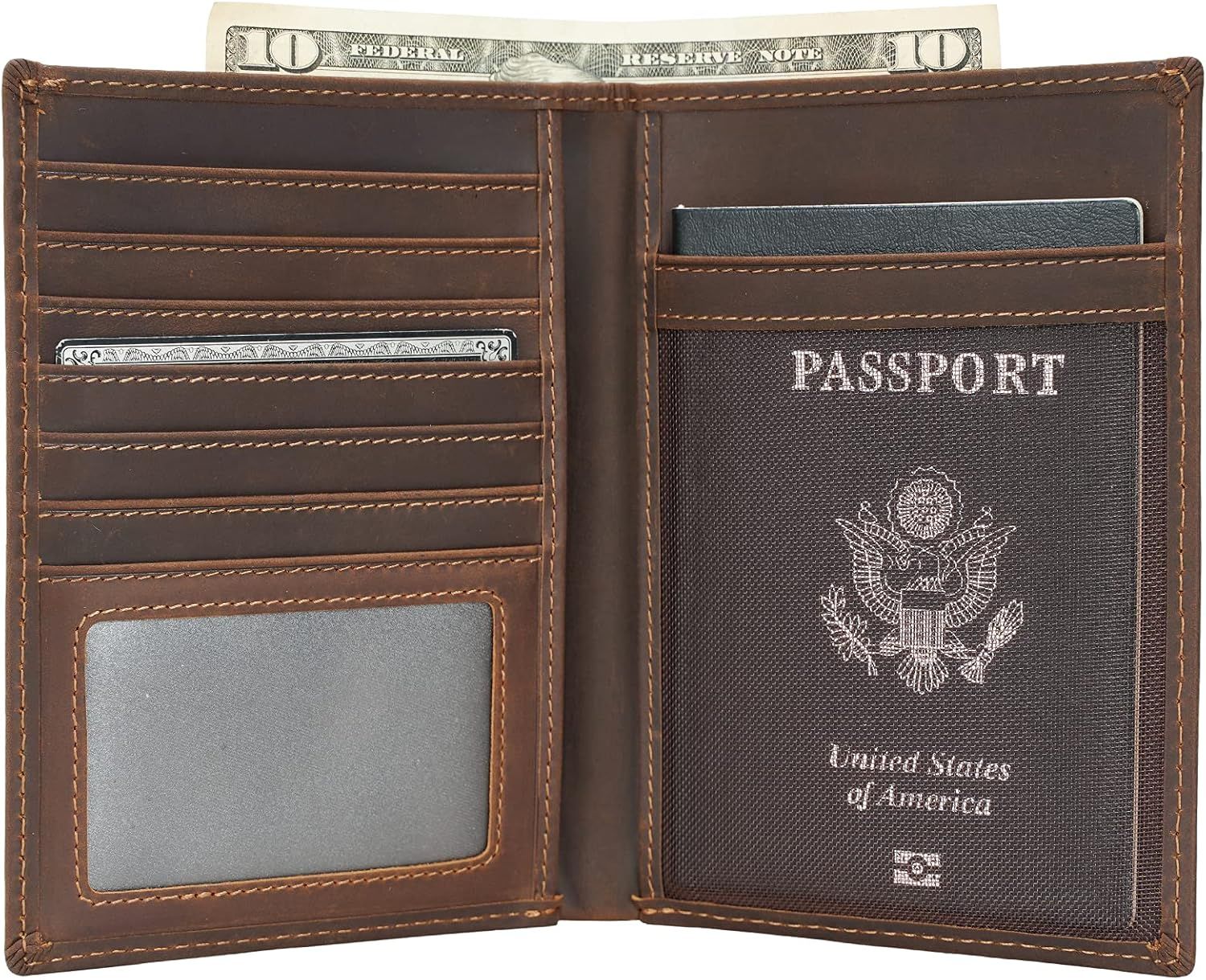 Shows all the functional components and storage features of the wallet to demonstrate what the buyer receives and how it organizes travel documents, cards, and cash.