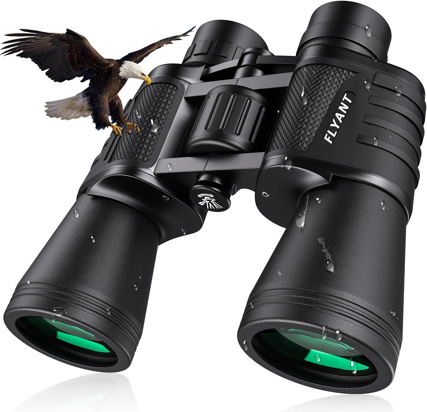 Displays the core product clearly to show shoppers the binoculars design, build quality, and branding, helping them understand what they are purchasing. Uses an eagle in flight and water droplets as…