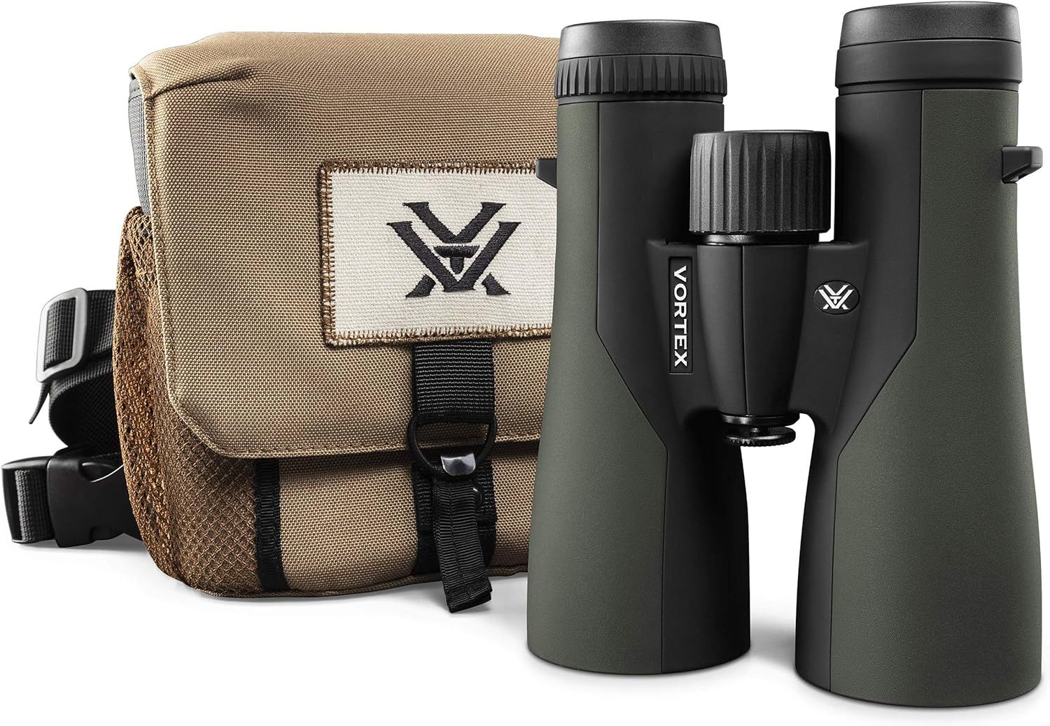 Shows the core product, a pair of Vortex binoculars, along with the included carrying case to communicate what the buyer receives. Demonstrates that the…