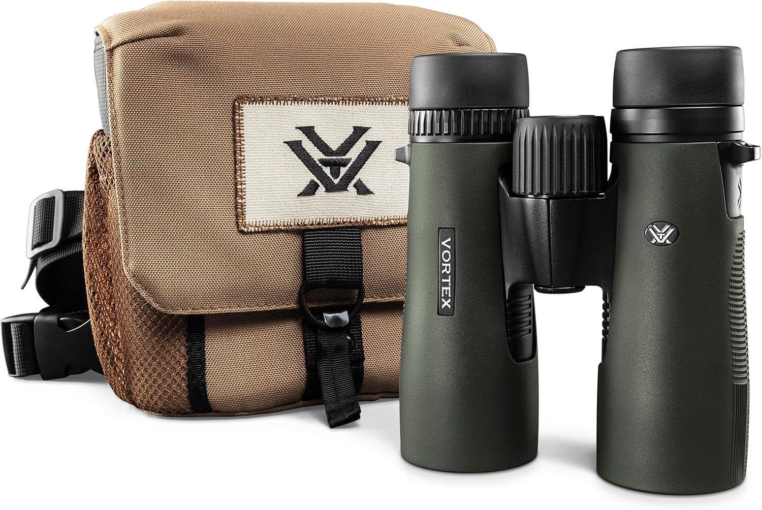 Shows the core binoculars product along with its included carrying case to communicate the complete package the buyer will receive. Demonstrates that the…