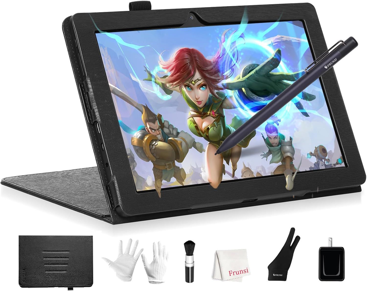 Shows the core product—a drawing tablet with stylus and protective case/stand—displaying vibrant artwork to communicate its creative capabilities and included…