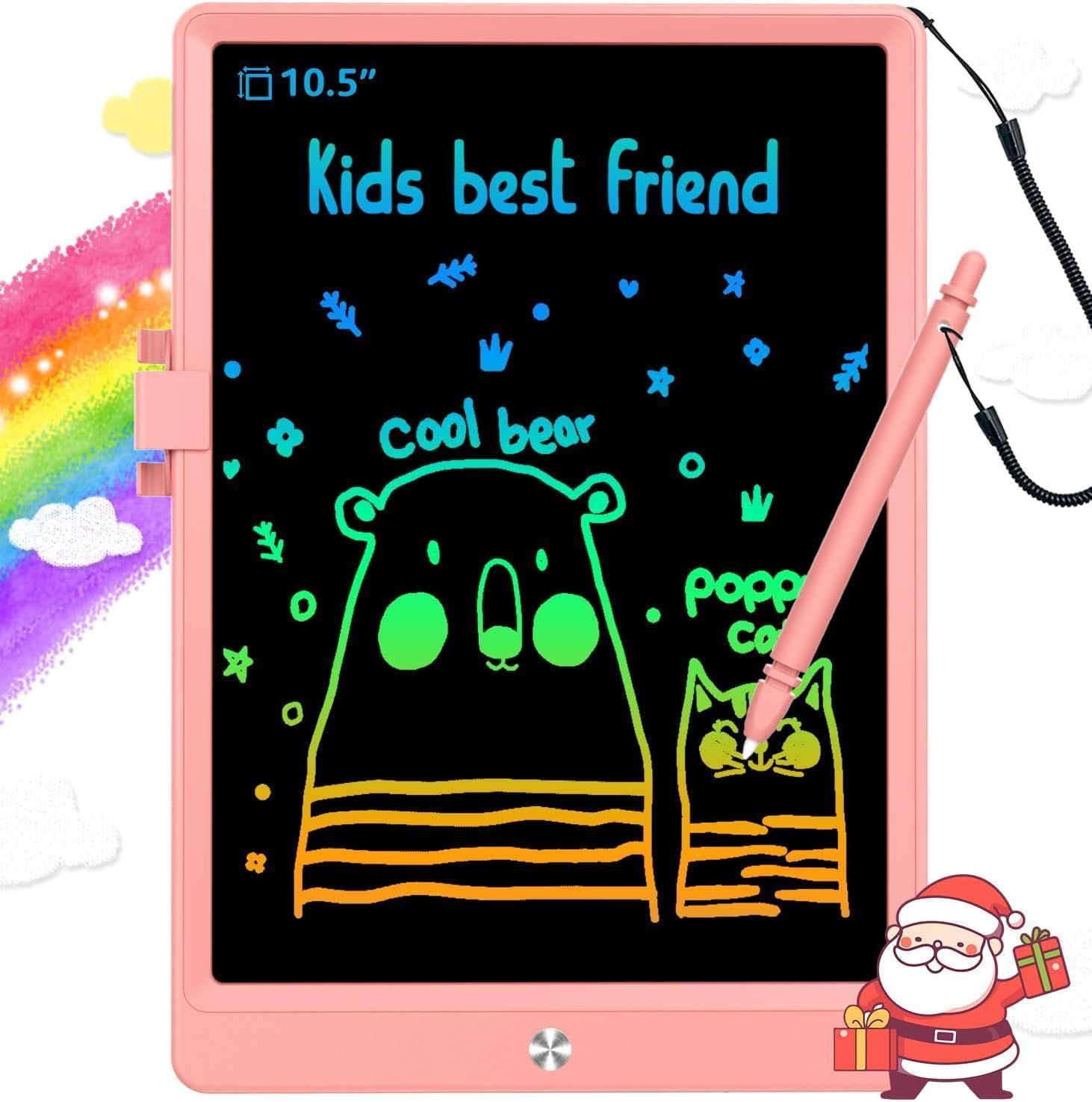 Shows the core product—a kids' LCD writing tablet—with a colorful drawing displayed on the screen to demonstrate its rainbow color capability and appeal to children. Uses added visual embellishments…