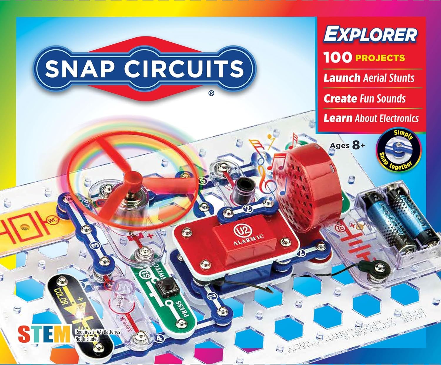 Shows the retail packaging to help shoppers understand what they will receive and to communicate the product's branding, features, and educational value. Uses visual effects like rainbow light…