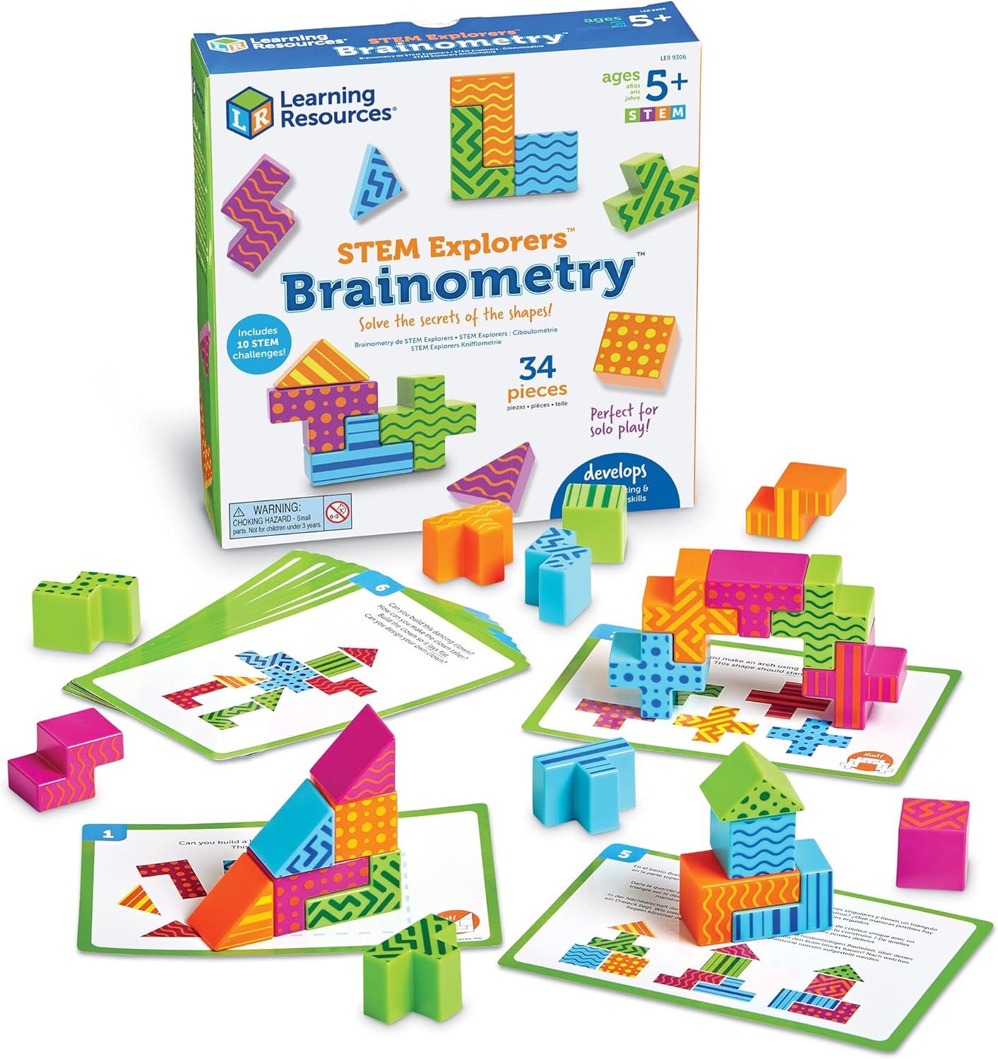 Shows the complete Brainometry STEM learning toy set including all 34 pieces, challenge cards, and packaging to communicate the full contents and educational…