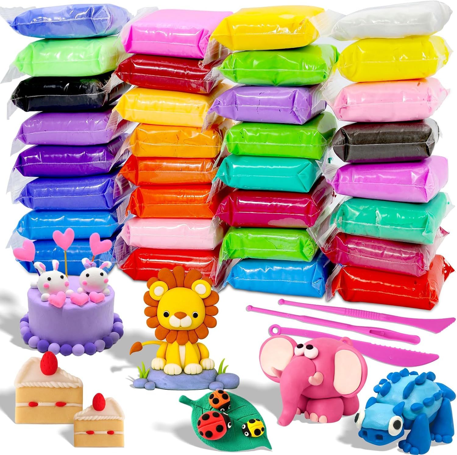 Shows the complete clay set with multiple color options and demonstrates what can be created with the product through example finished projects. Displays the included accessories and tools that come…