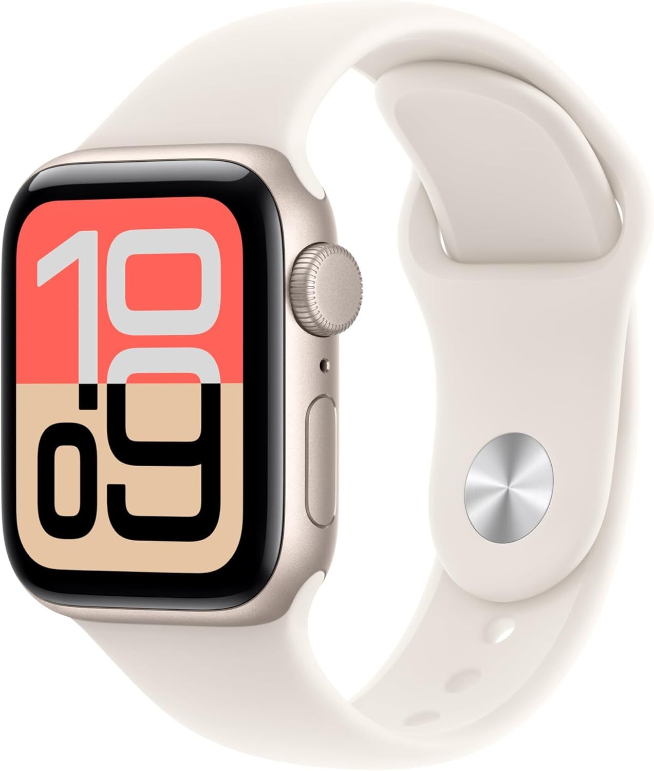 Shows the smartwatch clearly on a white background to communicate the product design, display, and physical appearance including the white sport band and silver case.