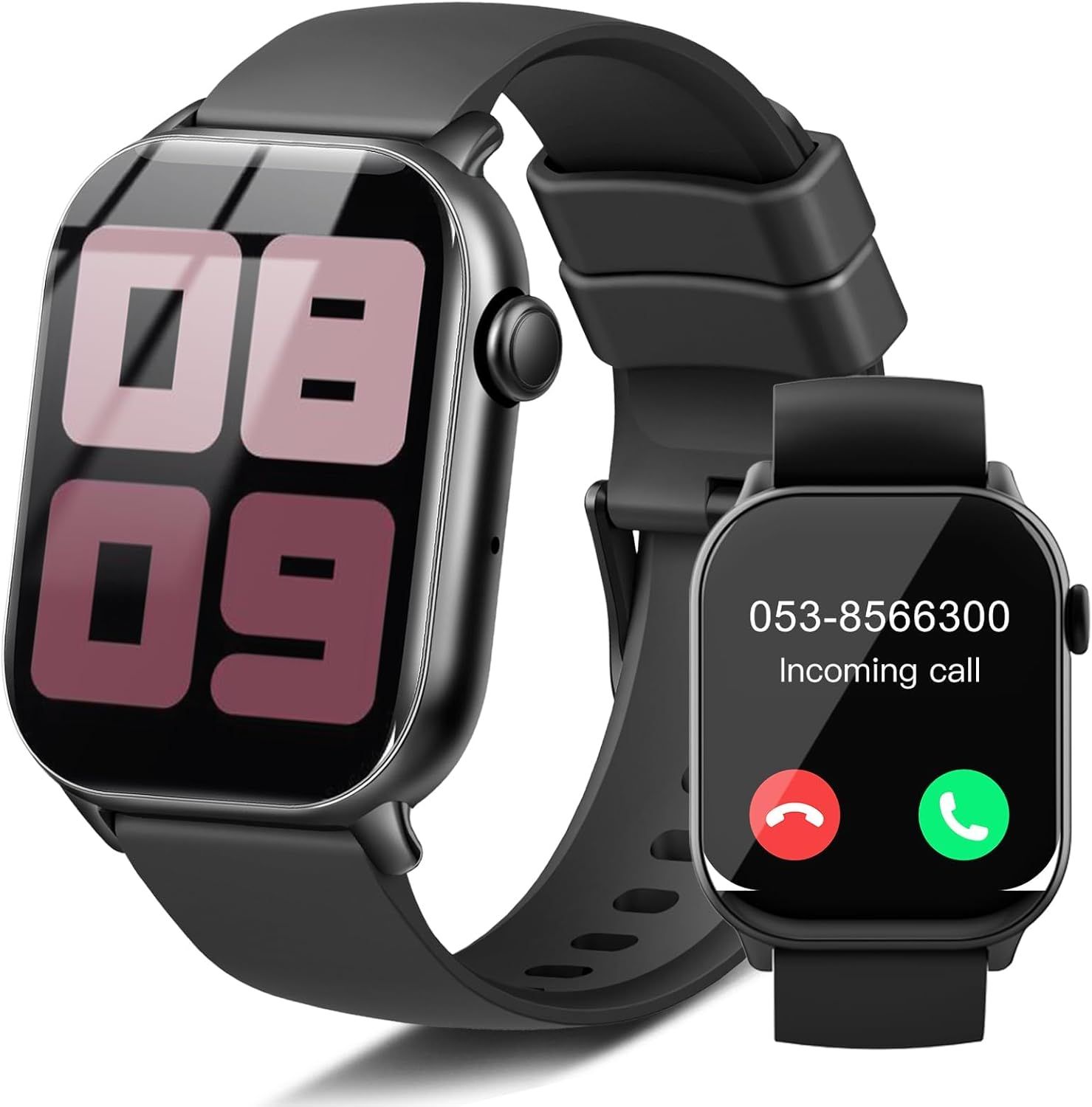 Demonstrates the smartwatch's ability to receive and manage incoming phone calls, showing the active call interface with answer and decline options to reassure shoppers of its communication…