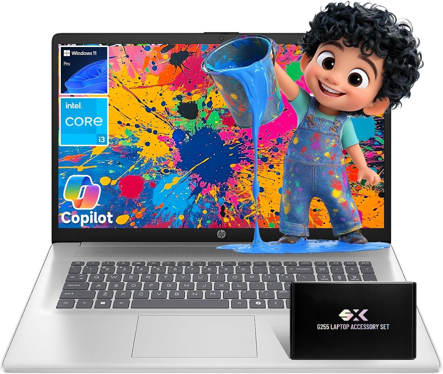 Displays the core laptop product with key specifications visible on screen to communicate the computing power and software features to potential buyers. Uses…