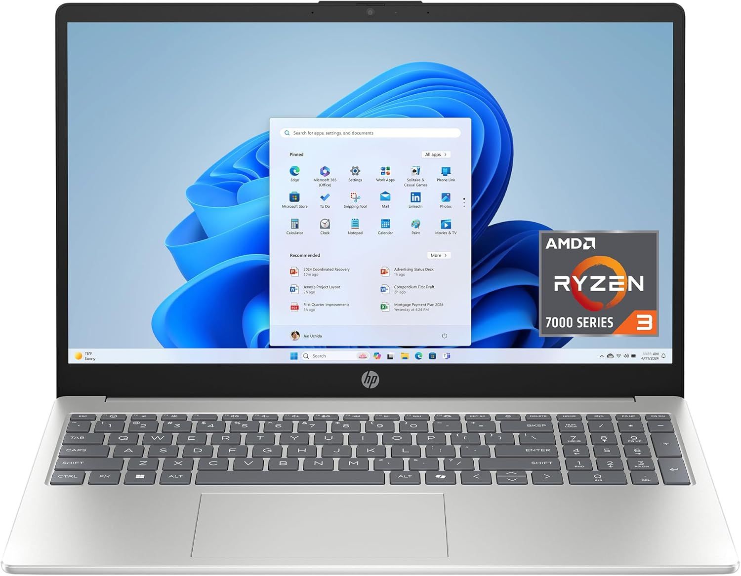 Displays the core sellable product, an HP laptop, showing its physical design, screen display with Windows 11 interface, and keyboard layout to help shoppers…