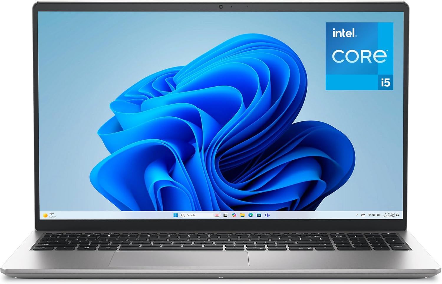 Shows the complete laptop product with screen on to communicate its modern design and Intel Core i5 processing power, helping shoppers visualize the actual…