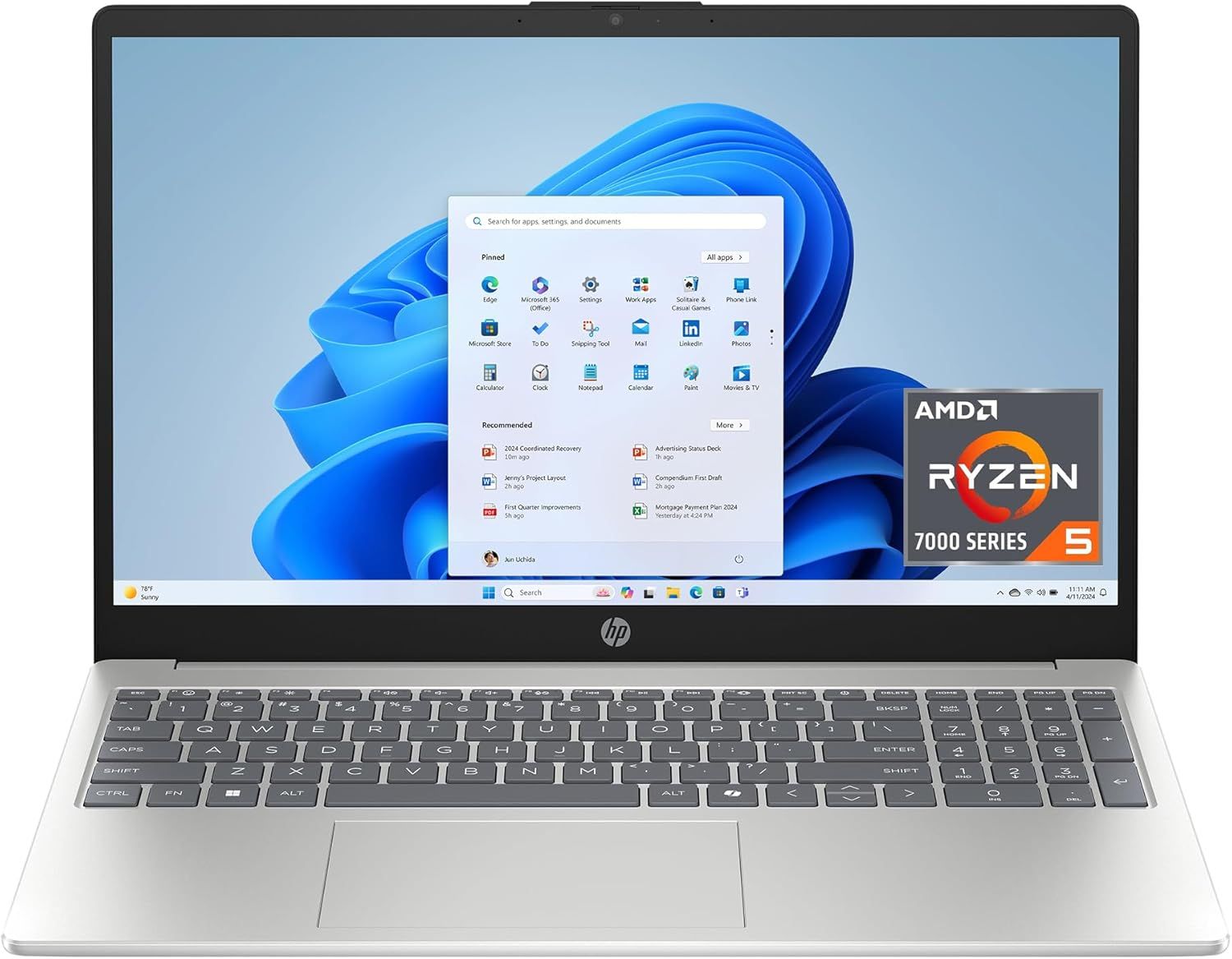 Displays the core sellable product, an HP laptop, showing its physical design, screen display with Windows 11 interface, and keyboard layout to help shoppers…
