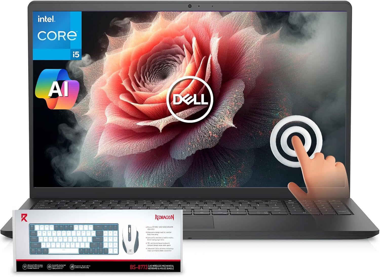 Shows the core product, a Dell laptop with visible specs and touchscreen functionality, alongside an included keyboard and mouse bundle to communicate the…