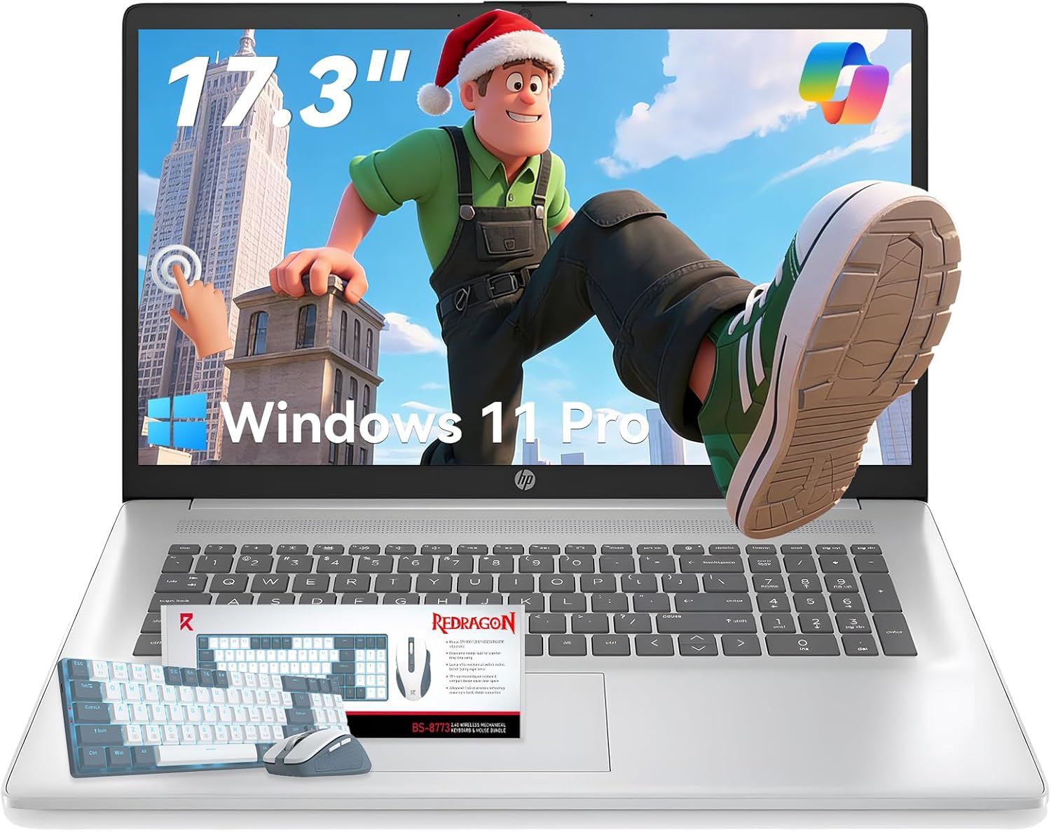 Shows the core sellable product, an HP laptop, with its screen size and operating system prominently displayed to communicate key specifications to potential…