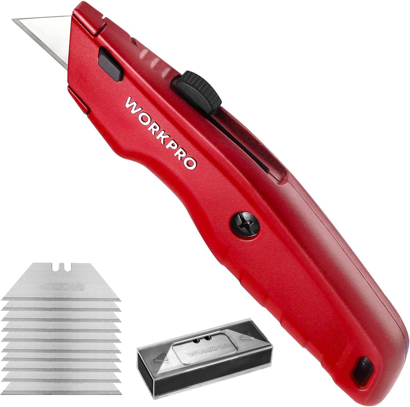 Shows the core product clearly - a red WORKPRO utility knife with retractable blade mechanism and ergonomic design to help shoppers understand what they are…