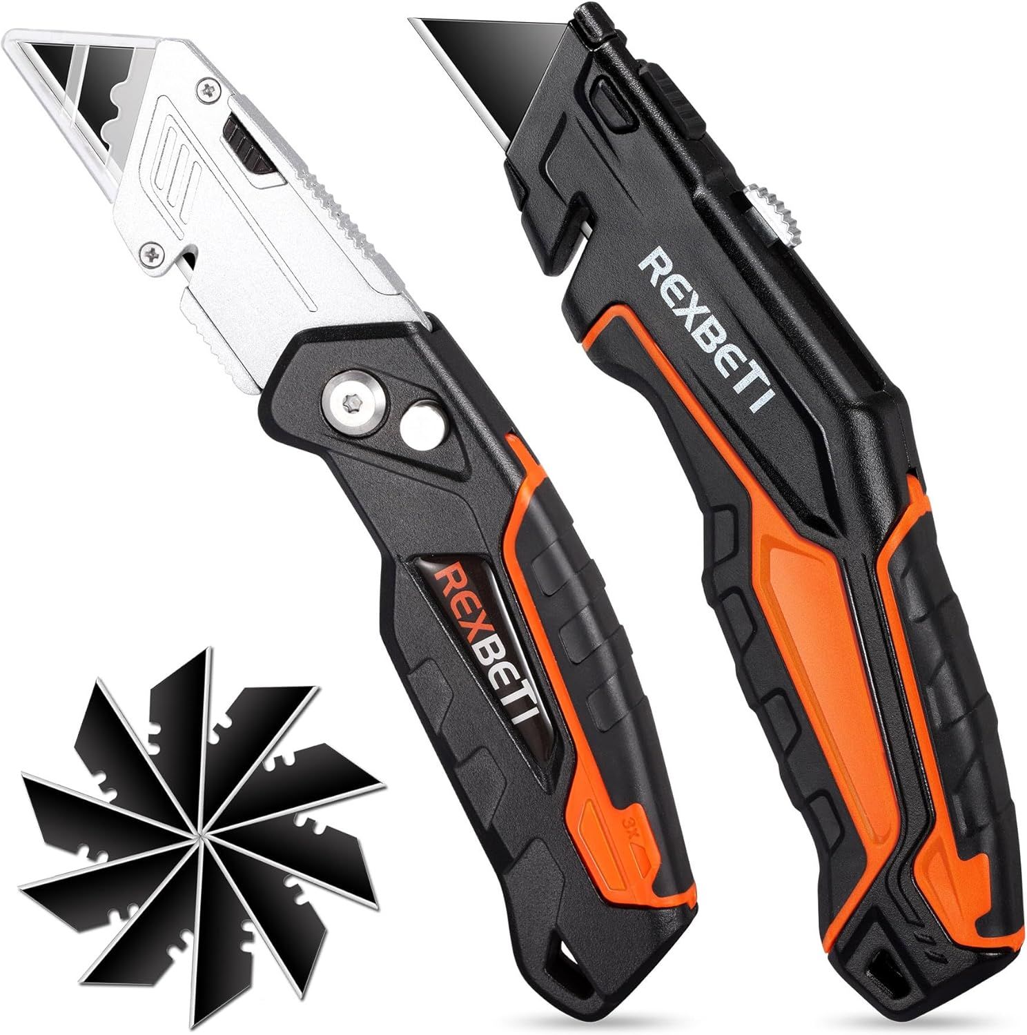 Displays the core product—a folding utility knife with ergonomic black and orange handles—showing both closed and open positions to communicate its design and…