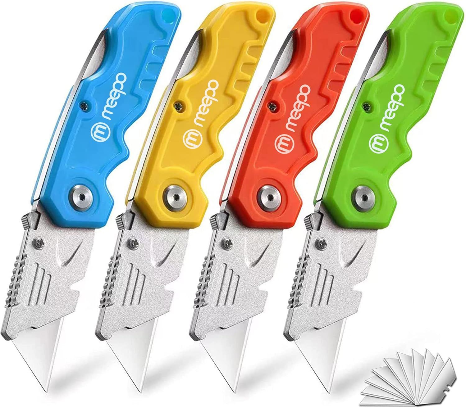 Shows the core product in four vibrant color options with a clean white background, allowing shoppers to see the folding knife design and available color choices clearly. Displays the selectable…