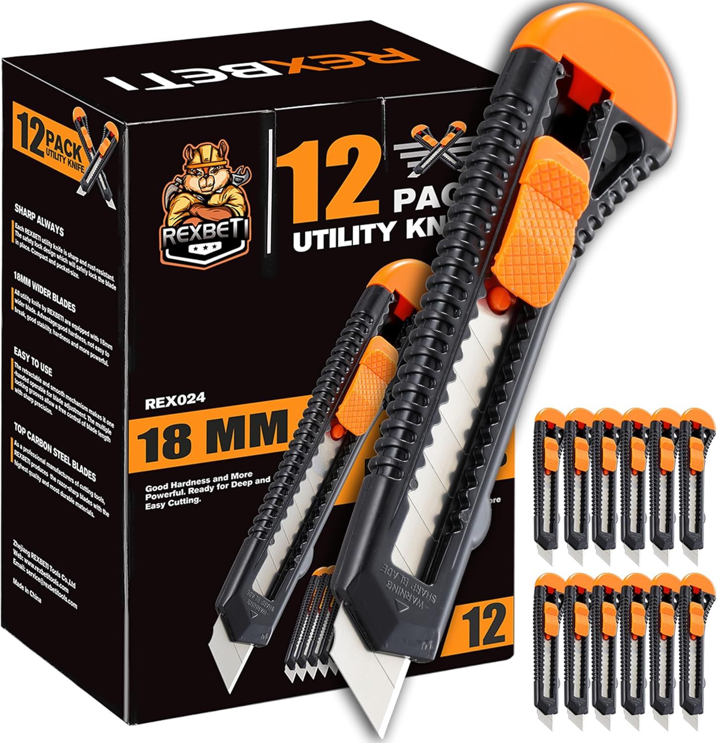 Shows the complete product set including utility knives and replacement blades to communicate the full value of the 12-pack bundle and what the buyer…