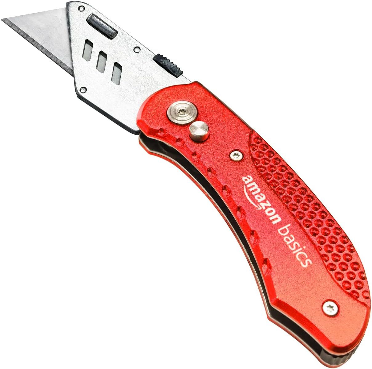 Shows the core product clearly on a white background to communicate what the buyer will receive - a folding utility knife with an extended blade and branded…