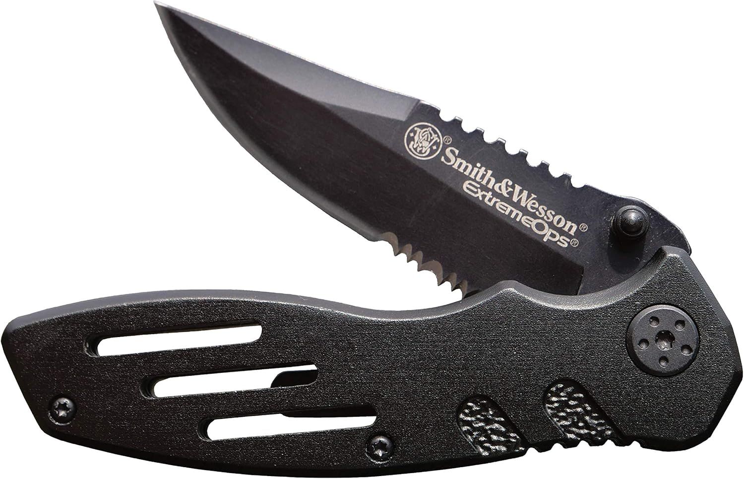 Displays the core product, a Smith & Wesson Extreme Ops folding knife, clearly showing its design, branding, and key features like the serrated blade and…