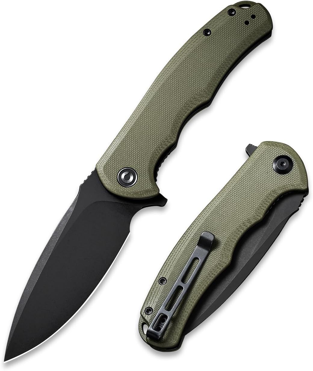 Displays the core product clearly from multiple angles to show the knife's design, textured olive-green handle, black blade, and pocket clip functionality.…