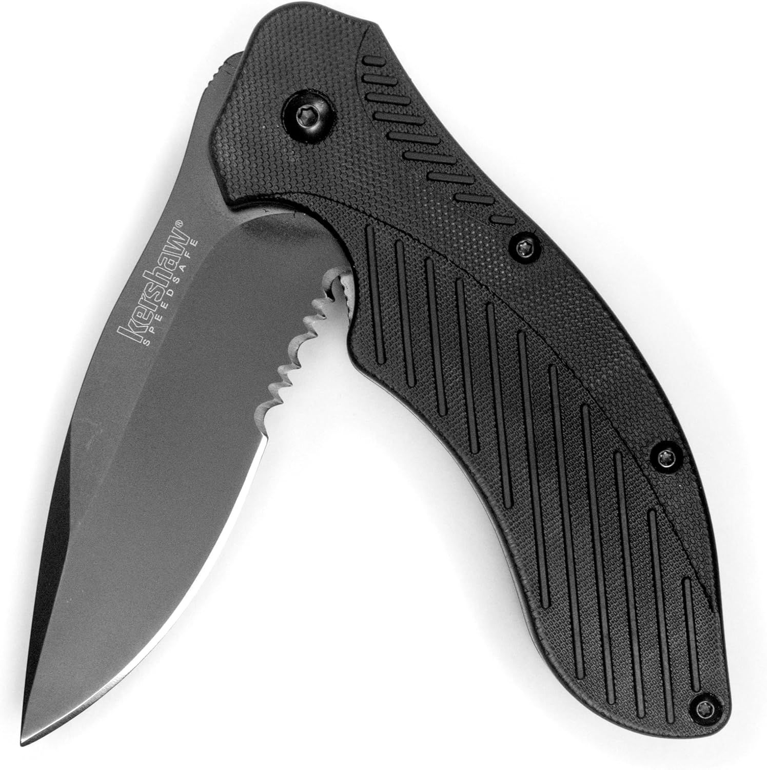 Displays the core folding knife product with clear visibility of its textured handle design and partially serrated blade, communicating the product's tactical…