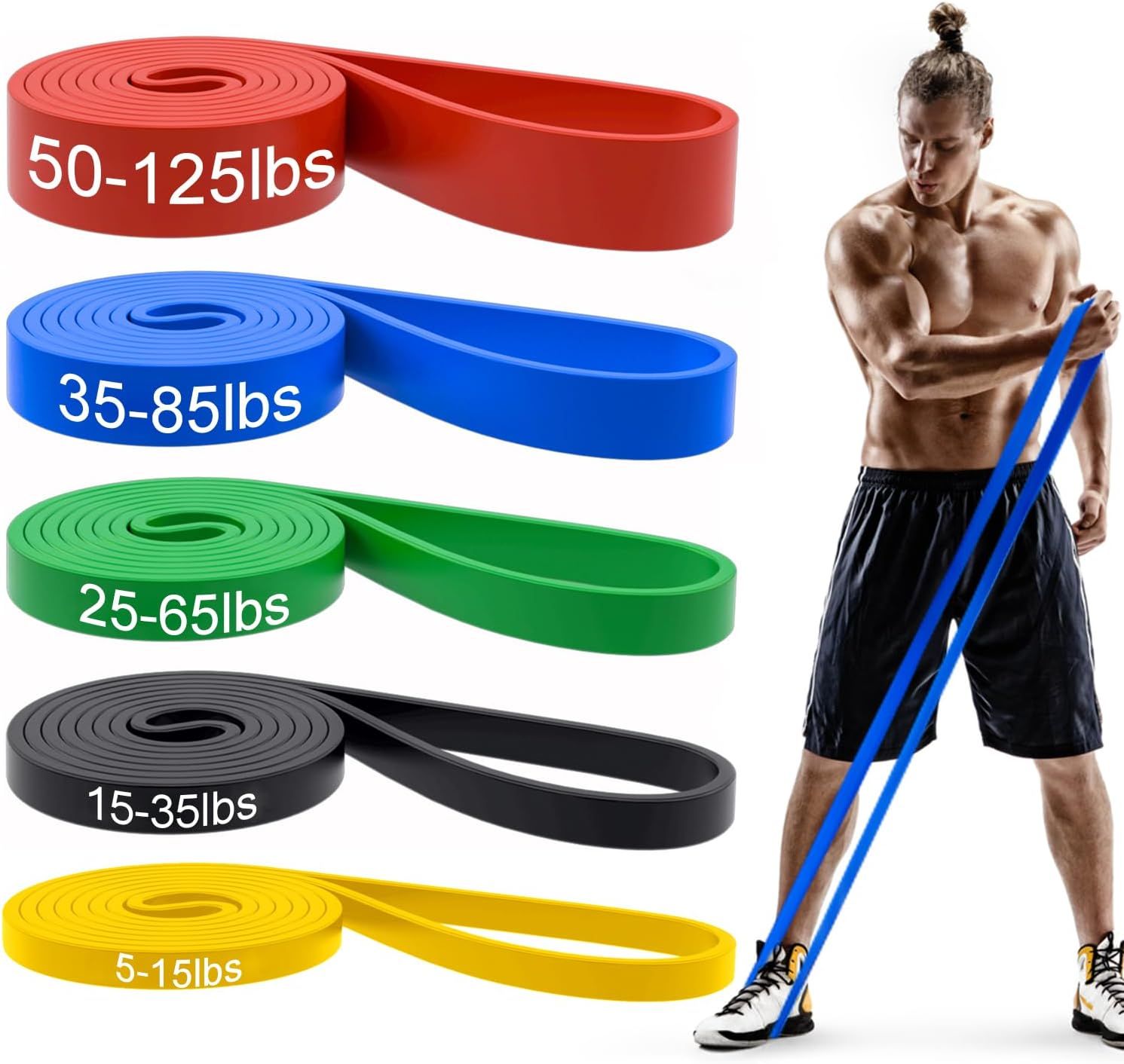Shows the different resistance band options available (5-125 lbs) so shoppers can select the strength level that matches their fitness needs. Demonstrates how the resistance band is used in a…
