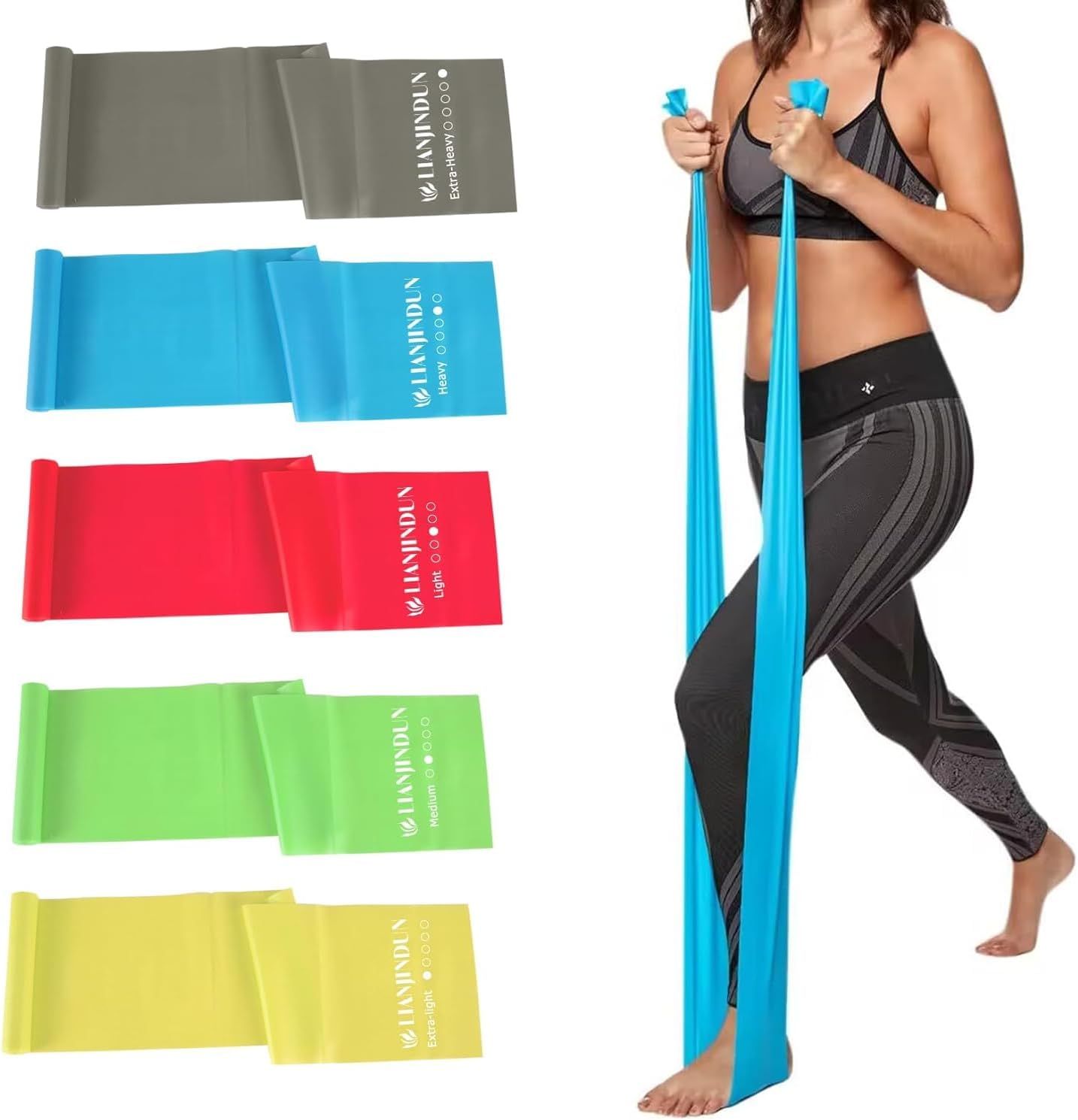 Shows the product is available in multiple resistance levels (indicated by different colors) so shoppers can choose the option that best fits their fitness level and training needs. Demonstrates how…